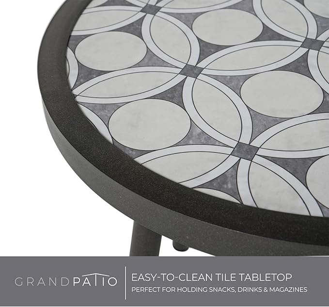 Grand patio Dining Chair Set of 3, Swivel Rope Armchairs with Cushions and Round Side Table with Tile Tabletop, Wicker, Indoor Outdoor Modern Style, Backyard, Balcony, Light Gray Brown GrandPatio