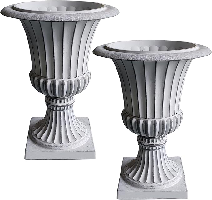 Urn Planters 22", Set of 2, Tall Stone-Resin Pedestal Planters for Outdoor Plants, Large Front Porch Decor, Patio Garden Pots, Outdoor Urns for Entryway, Porch & Deck, White Plant Pot Austram