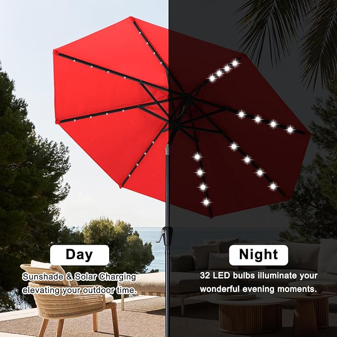 ABCCANOPY Durable Solar Led Patio Umbrellas with 32LED Lights 11FT（Red） ABCCANOPY