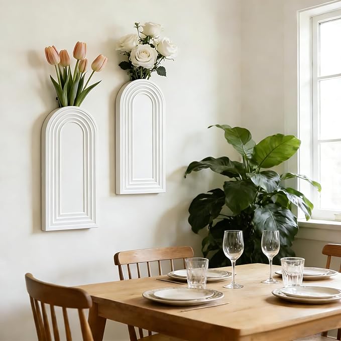 2 Pack Wooden Wall Vase Set, Boho Hanging Planter for Indoor Plants & Flowers, Wood Wall-Mounted Planters for Living Room, Modern Farmhouse Entryway or Bathroom, Rustic Art for Home (White) Rootora