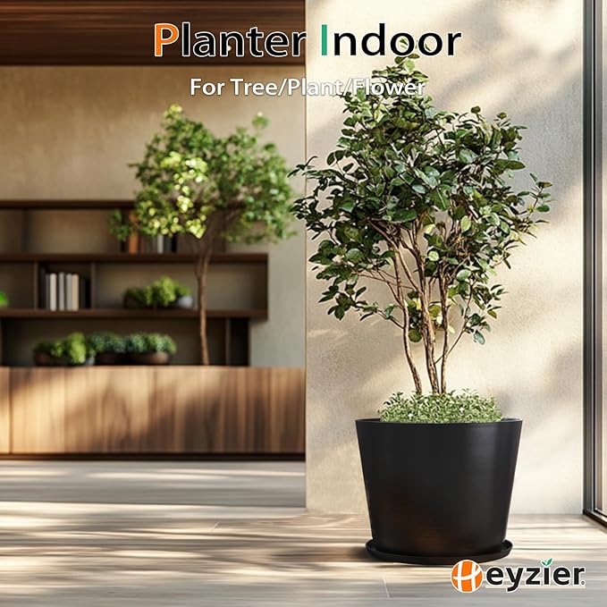 Wide Planters for Outdoor Plants, Extra Large Indoor Flower Pots for Garden, Front Porch, Patio - Round Resin Planter Set of 2 (Black, 16 inch - 2 Pack with Saucers) Heyzier
