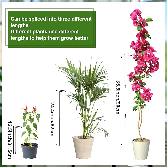 Mwellewm 3 Sets Plant Stakes 12/25/36 Inch Adjustable Plant Support Stakes Tall for Indoor Outdoor Plant Holder Stick Steel Garden Stem Pole Amaryllis Stakes with 15 Clip for Tomato Orchid Lily Flower Mwellewm