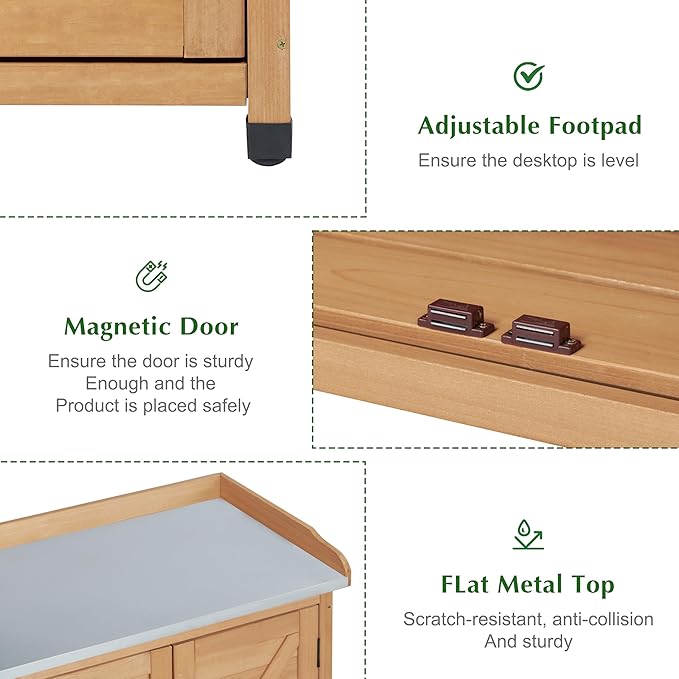 Outdoor Storage Cabinet & Potting Bench Table with Metal Top, Wooden Patio Furniture, Garden Workstation (Light Brwon, 39x31.5x17in) OutdoorFurniture