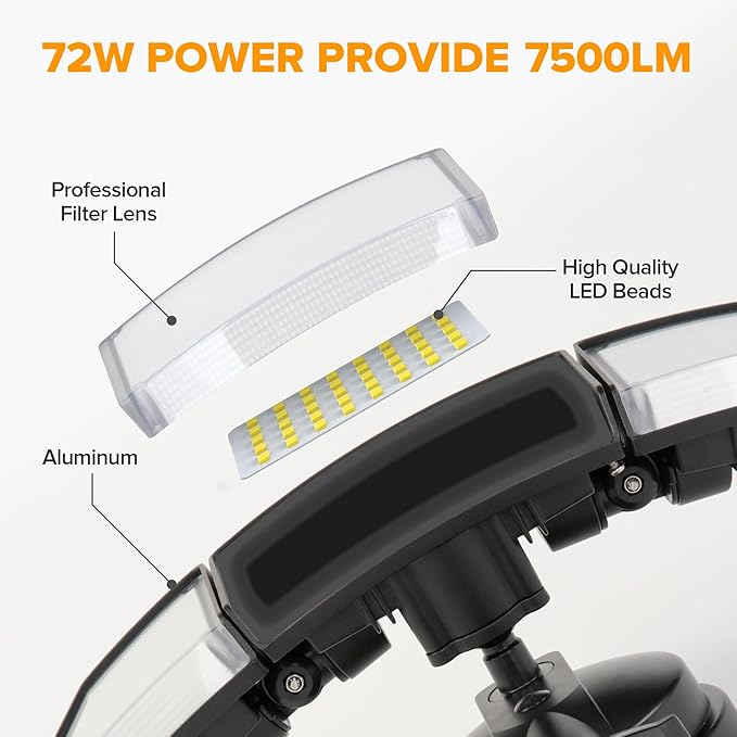 LUTEC 2 Pack 72W 7500LM LED Security Lights Motion Sensor Light Outdoor, 5000K Daylight, IP65 Waterproof, Dusk to Dawn, 3-Head Motion Detected Flood Light for Garage, Yard, Porch(Black) LUTEC