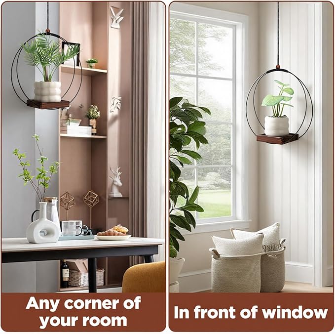 2 Pack Hanging Planters for Indoor Outdoor Plants, 12 Inch Sturdy Wood Base Metal Plant Hanger Modern Boho Minimalist Flower Pot Holder Basket Wall Ceiling Window Stands Home Wall Decor Rootora