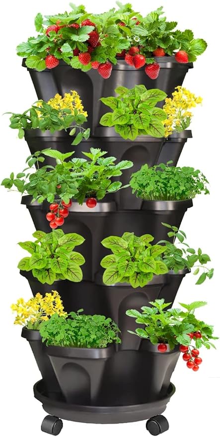 Strawberry Vertical Planter, Stacking Garden Tower, 5 Tiered Stackable Herb Vegetable Planters with Movable Casters and Bottom Saucer Indoor and Outdoor - Black Tectsia