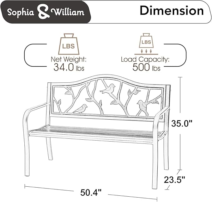 Sophia & William Outdoor Patio Metal Park Bench Red, Steel Frame Bench with Backrest and Armrests for Porch, Patio, Garden, Lawn, Balcony, Backyard and Indoor, 50.4”Wx23.5”D x35.0”H SophiaWilliam
