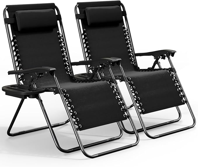 Nestl Zero Gravity Chairs Set of 2, Patio Lounge Chair Outdoor with Pillows & Cup Holder Trays, Adjustable Steel Mesh Reclining Camping Chair, Folding Patio Lawn Chair for Deck, Beach, Yard - Black Nestl