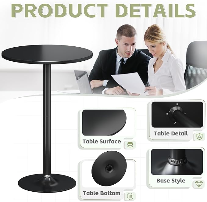 Flamaker Round Bistro Pub Table Modern Style Metal Base MDF Top Cocktail Bar Table Counter Bar Height for Pub, Dining Room, Party (2, Full Black) Flamaker