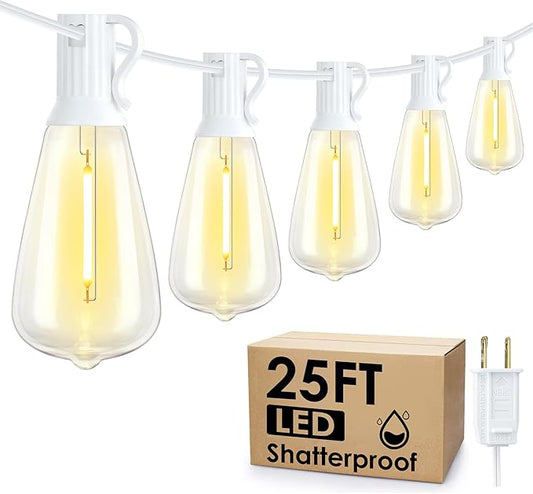 25FT Outdoor String Lights, Patio Lights with 10+1 2700K LED Dimmable Waterproof Outside Hanging ST38 Edison Bulbs for Backyard, White Cord Larkvue