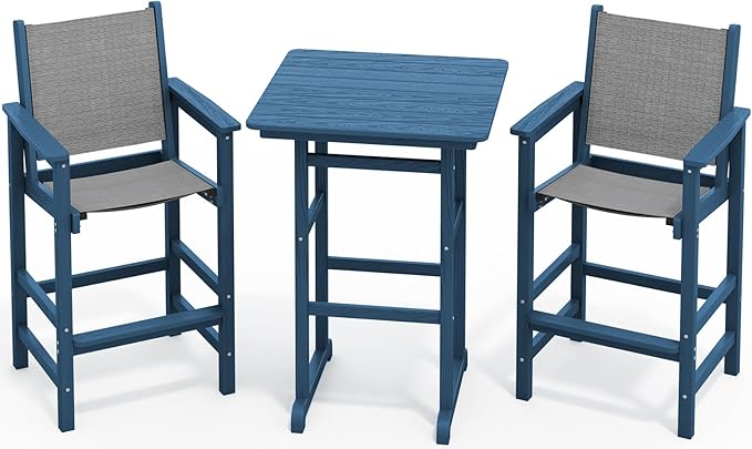 SERWALL 3 Pieces Textilene Adirondack Bar Set, Tall Adirondack Bar Height Chairs with Bar Table, Sling Balcony Adirondack Chairs, Weather Resistance Resin Outdoor Bar Height Stools, Blue SERWALL