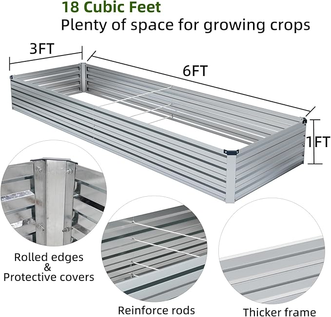 2 Pack 6x3x1FT Galvanized Raised Garden Bed Kit, Outdoor Metal Planter Box for Vegetables, Bottomless Rectangular Gardening Bed with Support Rods, Tool-Free Assembly, Silver Meberam