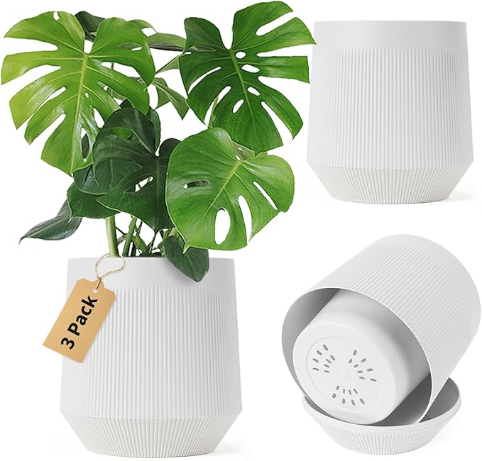 Plant Pots，Set of 3 Plastic Pots for Indoor Plants,Flower Pots Outdoor Planters with Drainage Hole and Seamless Saucer,White Rootora