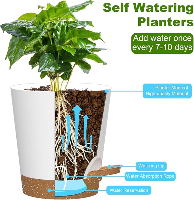 Self Watering Pots, 7/6.5/6/5.5/5/4 inch Flower Pots with Multi Mesh Drainage Holes, Small Platic Planters for Indoor Outdoor Garden Plants and Flowers (Whtie with Brown Tray, 7"+6.5"+6"+5.5"+5"+4") Rootora
