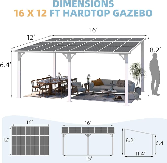 AECOJOY 16' x 12' Gazebo Outdoor Pergola for Patio, White Large Wall-Mounted Hard Top 12x16 Lean to Metal Gazebo Shelter Pergolas and Gazebos Clearance with Patio Roof, Heavy Duty Awnings for Backyard AECOJOY
