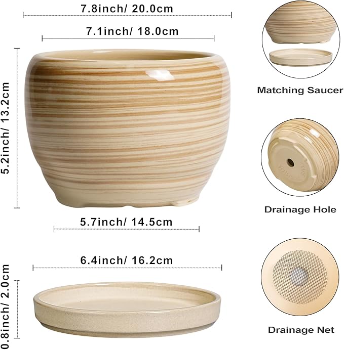 SQOWL Ceramic Planter- 8 Inch Plant Pot Indoor Outdoor, Round Planter with Drainage Hole and Plant Saucer, Decorative Modern Ceramic Flower Pot, Living Room Decor, Garden Gifts, Yellow SQOWL