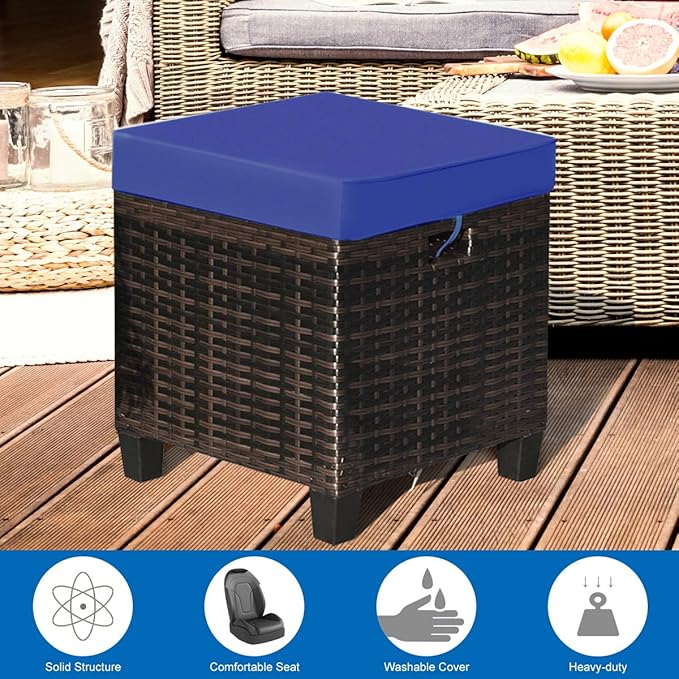 Tangkula 2 Pieces Outdoor Patio Ottoman, All Weather Rattan Wicker Ottoman Seat, Patio Rattan Furniture, Outdoor Footstool Footrest Seat w/Removable Cushions TANGKULA