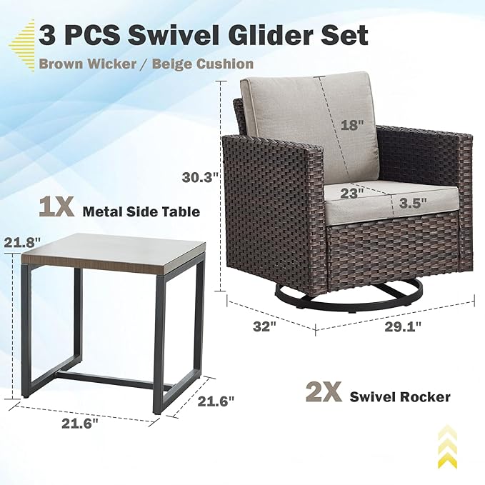 Belord Outdoor Bistro Set 3 Piece Wicker Swivel Rocker Patio Chairs, Oversize Outdoor Rattan Seating Set, Patio Swivel Glider Chairs Wicker Furniture with Metal Side Table for Porch Backyard, Brown Belord