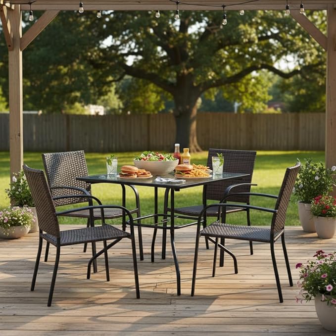 Tangkula 35 Inch Patio Dining Table with Tempered Glass Top, Square 4-Person Outdoor Bistro Table with 1.5" Umbrella Hole & Sturdy Metal Frame, Patio Dining Table for Backyard, Lawn, Deck & Poolside TANGKULA