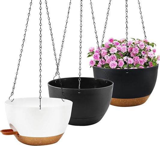 10 inch Hanging Planters for Indoor Plants, 3 Pack Self-Watering Hanging Planter Pots with Chain and Drainage Holes, Outdoor Plastic Hanging Baskets for Garden Home Decor Rootora