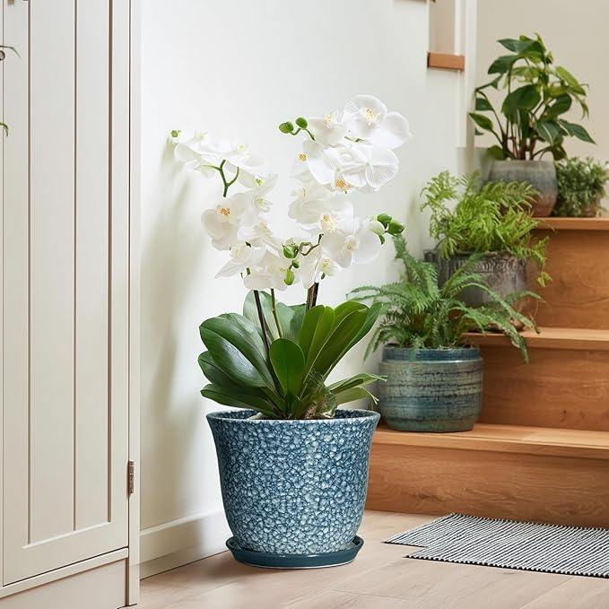 10 Inch Plant Pot - Ceramic Planter for Indoor Outdoor, Round Flower Pots with Drainage Hole and Saucer, Modern Decorative Planter for Plants, Home Office Decor, Plant Lover Gifts, Blue SUNPOTFOR