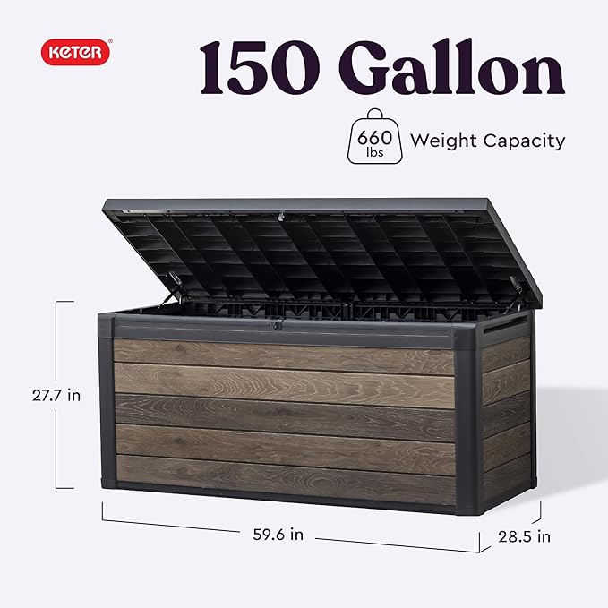 Keter Signature Collection 150 Gallon Resin Deck Box Organization and Storage Box for Patio Outdoor Cushions, Throw Pillows, Garden Tools and Pool Supplies, Walnut Keter
