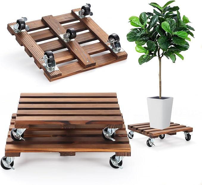 2 Pack Plant Caddy with Wheels, 14" + 12" Rolling Plant Stand 264 LBS Heavy Duty Wooden Square Plant Dolly with Metal 360° Lockable Caster Wheels for Outdoor Indoor Large Plant Pots, Flower Pot, Patio PRAQECZ