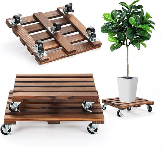 2 Pack Plant Caddy with Wheels, 14" + 12" Rolling Plant Stand 264 LBS Heavy Duty Wooden Square Plant Dolly with Metal 360° Lockable Caster Wheels for Outdoor Indoor Large Plant Pots, Flower Pot, Patio PRAQECZ