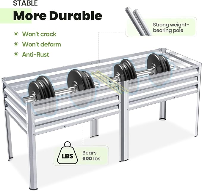 King Bird Raised Garden Bed with Legs Galvanized Large Elevated Planter Box for Backyard, Patio, Balcony, 600lb Capacity, Silver 70.9x22.8x31.5 in KINGBIRD
