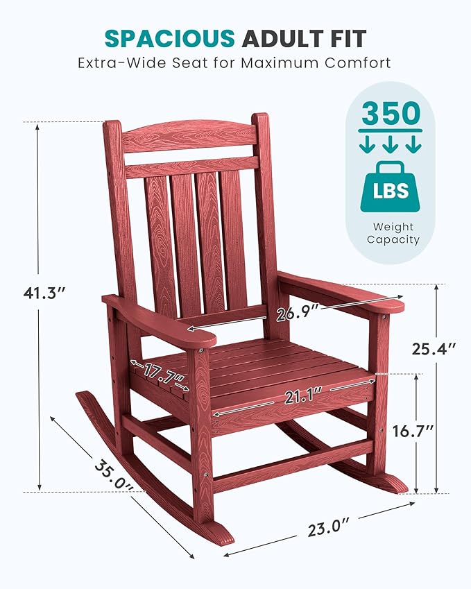 SERWALL Oversized Outdoor Rocking Chair, All-Weather Patio Rocking Chair, HDPE Porch Rocker for Adults, Red SERWALL
