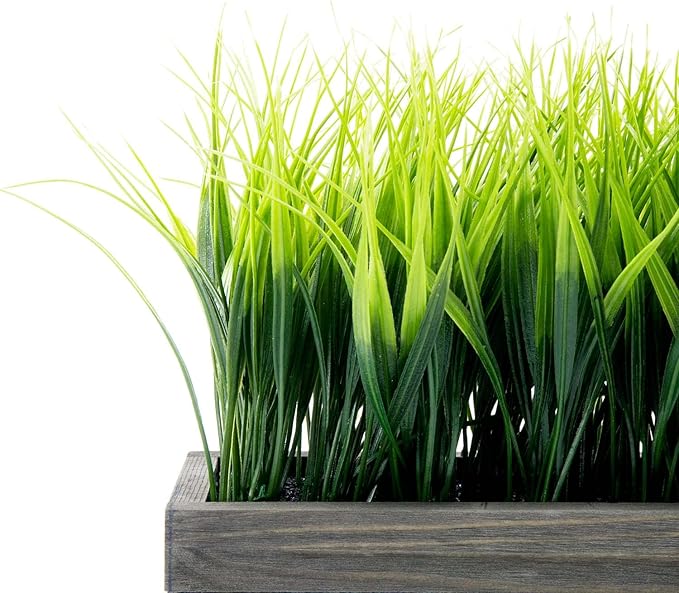 MyGift 14 Inch Artificial Green Grass Plant in Vintage Gray Wood Planter Window Box, Faux Greenery in Decorative Rectangular Crate Style Wooden Container MyGiftHome