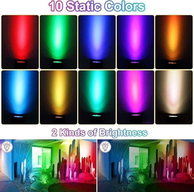 CLY Solar 6 in 1 RGB Spotlights Outdoor Garden, 10 Colors 12 Modes Solar Garden Floodlight Landscape Spotlights IP66 Waterproof 59.06ft Cable Spike Light for Lawn, Patio, Balcony CLY