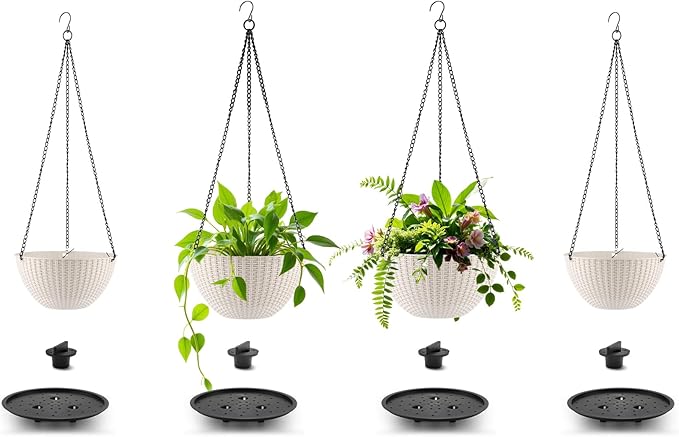 Hanging Planters for Indoor Outdoor Plants 8 and 10 Inch, 4 Packs Hanging Flower Pot with Drainage Holes, Self-Watering Hanging Basket Perfect for Home, Office and Garden, White RooTrimmer