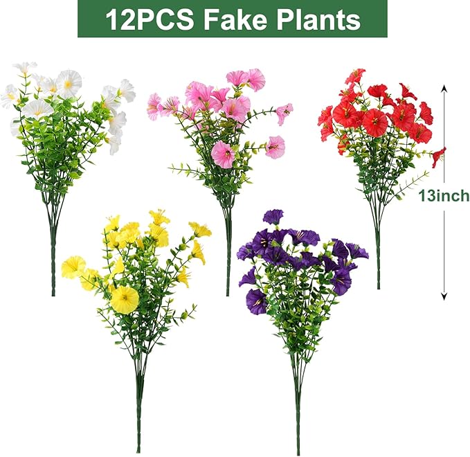 Artificial Flowers for Outdoors, UV Resistant Fake Silk Morning Glory, Realistic Faux Plants for Outside Porch Patio Window Box Hanging Planter (12, Purple White Yellow Pink Red) maxkes
