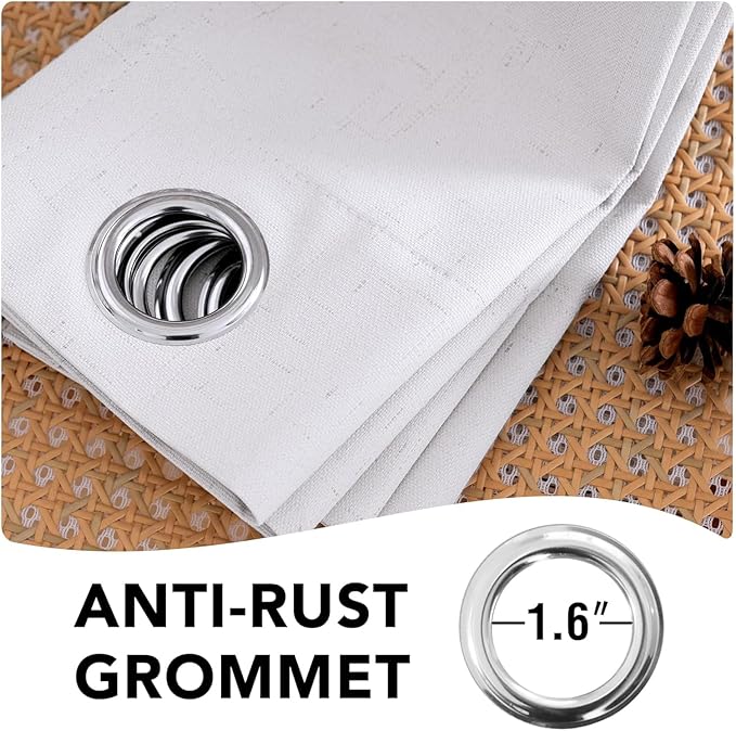 H.VERSAILTEX Linen Curtains 100% Blackout Curtains for Bedroom 90 inch Long Full Light Blocking Nature Linen Blended Window Curtains for Living Room Nickel Grommet (2 Panels, Bright White) HVERSAILTEX