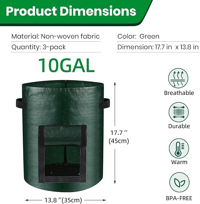 10 Gallon 3-Pack Potato Grow Bags, Heavy Duty PE Fabric Pots with Flap and Handles, Green Planter Bags for Potato Vegetables Outdoor Garden, 17.7''x13.8'' Large for All Plants Growing Lifeisbetterinthegarden