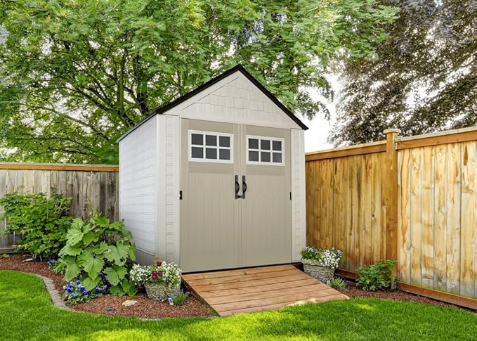 Rubbermaid 7 Foot by 7 Foot Weatherproof Outdoor Storage Shed for Garden Tools and Lawn Machinery Organization with Lockable Double Door Sandstone Rubbermaid