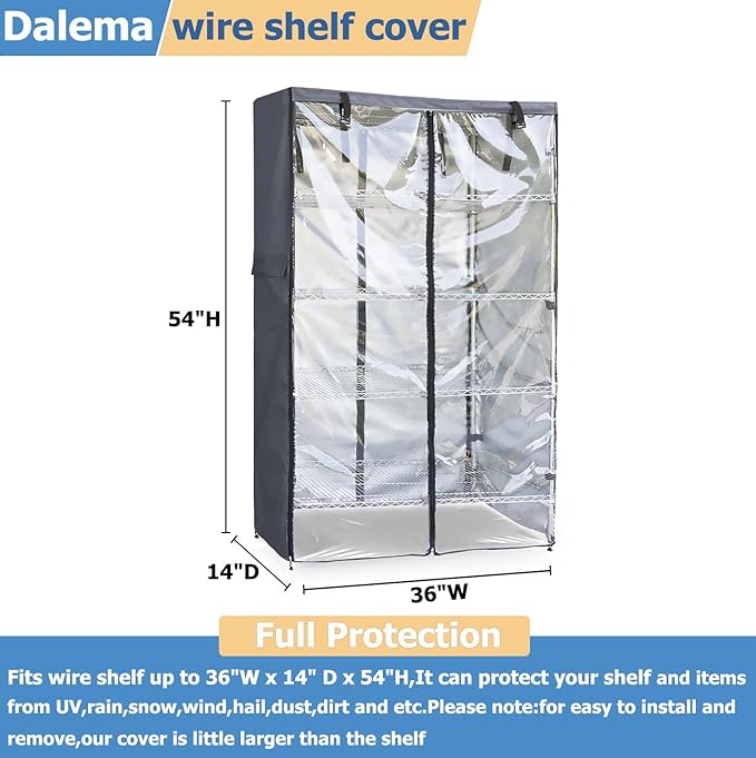 Waterproof Shelf Cover,600D Heavy Duty Dustproof Storage Wire Rack Covers,Outdoor Shelving Covers for Wire Shelves with Zipper 36''x14''x54'',Clear Front. Dalema