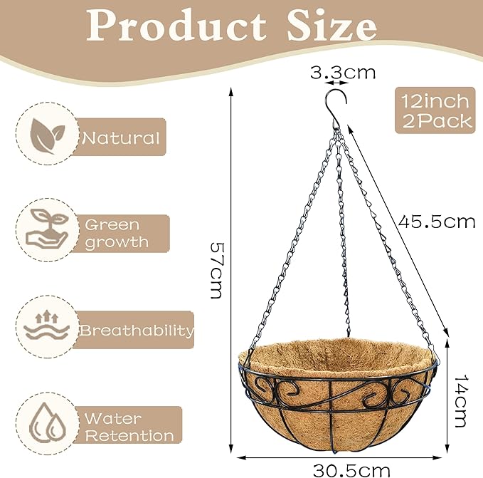 Outdoor Metal Hanging Planters Basket (2pack, 12 inch) Hanging Baskets for Plants Chain Round Wire Plant Holder with Coco Fiber Liners for Garden, Patio, Deck, Porch(Flower Border) EIMQUVW