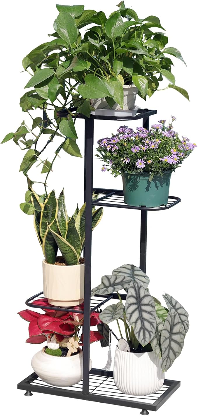 Plant Stand Indoor Outdoor, Corner Metal Plant Stands, Heavy Duty Tall Planter Shelf for Multiple Plants, Flower Pot Holder for Patio Garden Balcony Living Room (Black, 4 Tier-5 Potted) Rootora
