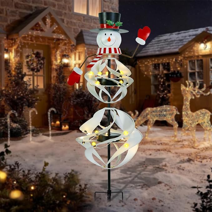 Outdoor Christmas Decorations Snowman Solar Wind Spinner Lighted Christmas Yard Stakes Outdoor Xmas Metal Wind Spinner Stake for Garden Lawn Pathway Party Decoration Afirst