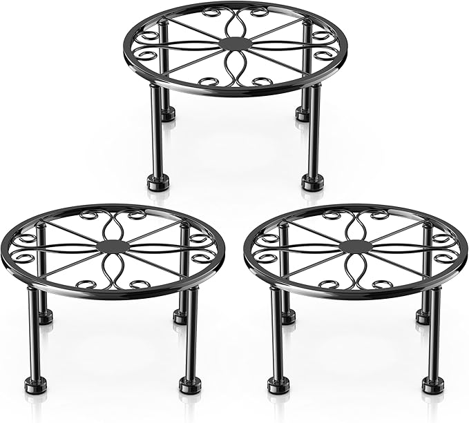 Garden Gifts Plant Lovers Gifts 3 Packs Black Metal Plant Stand with Anti-Slip Base Rustproof Heavy Duty Decorative Round Flower Stand Display Shelf for Indoor/Outdoor MetalBlackPlantStands