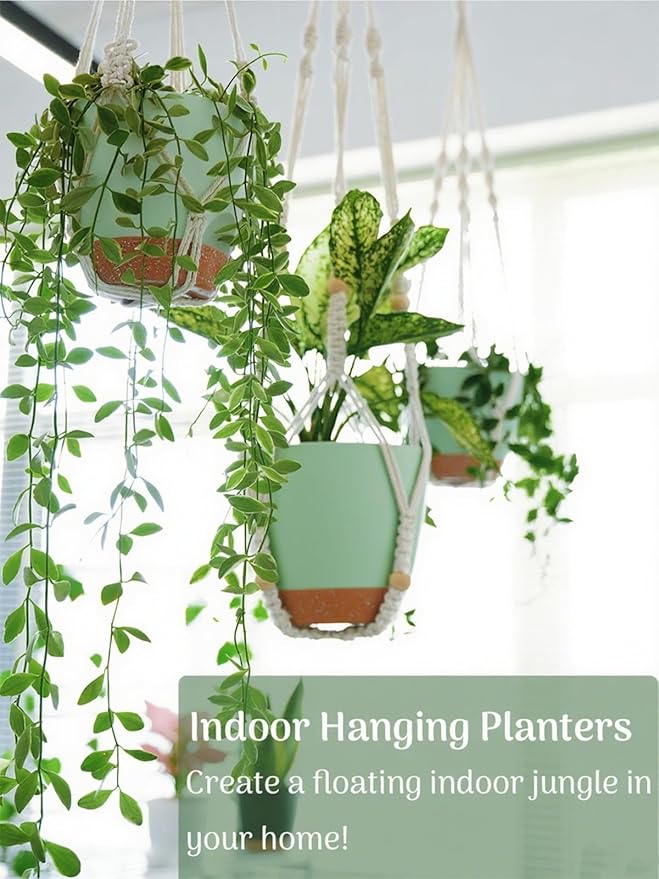 Self Watering Hanging Planters for Indoor Plants 3 Pack Macrame Plant Hangers with Drainage Holes Pots and Hooks for Home Garden Decor Green Bouqlife