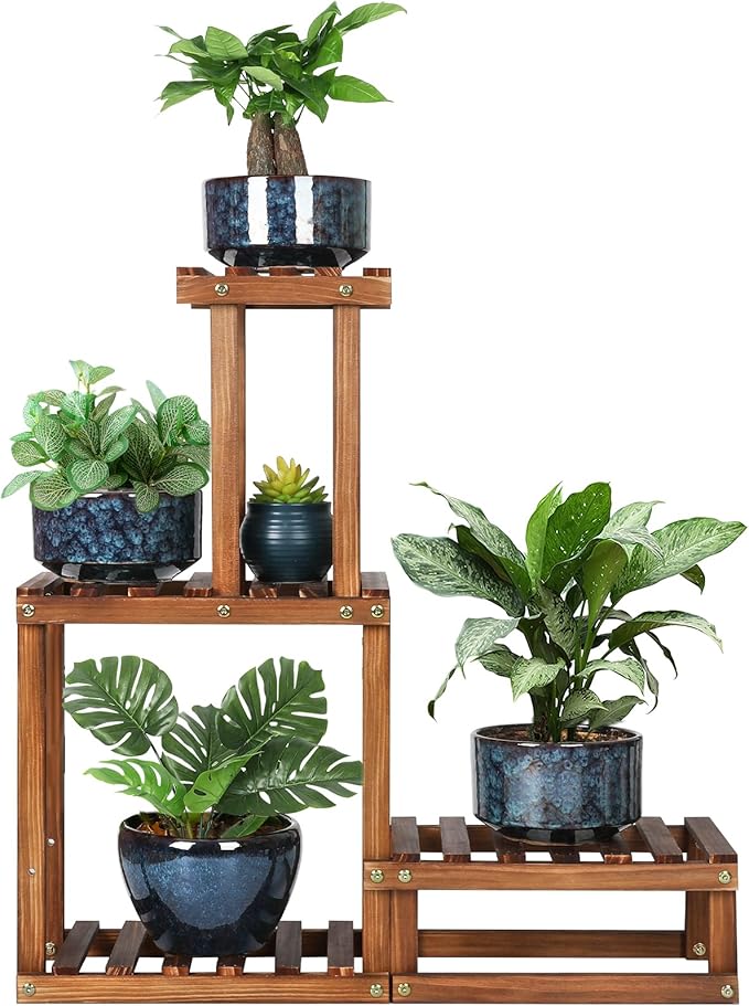 Wood Plant Stand Indoor Outdoor 4 Tiers Plant Rack Corner Planter Shelf Flower Pot Holder for Living Room Garden Patio Yard Porch (Space Saving,27.6”,Small) COOGOU