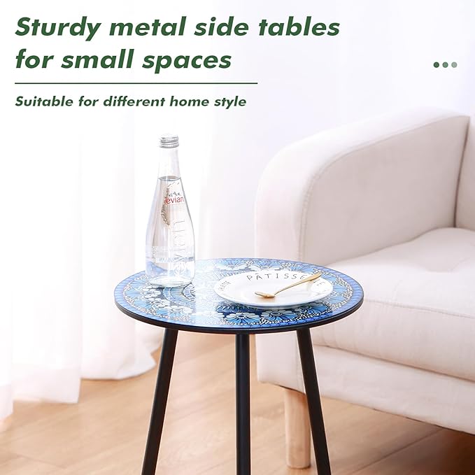 Metal Outdoor Side Tables Set of Two Small Outside Round End Table for Patio Modern Accent Garden Corner Table for Small Spaces, Balcony, Porch, Weather-Resistant, Plant Stand Indoor, Blue PartyZealot