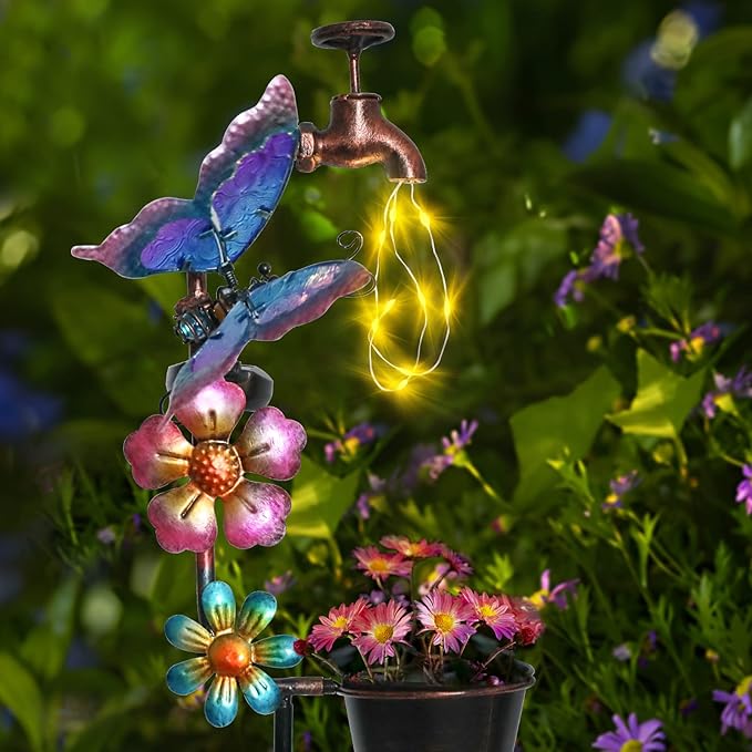 Afirst Solar Outdoor Lights Decorative - Solar Decorative Butterfly Lights Faucet Shaped Twinkling Light Garden Stake Decorations for Pathway Lawn Patio Courtyard Backyard Afirst