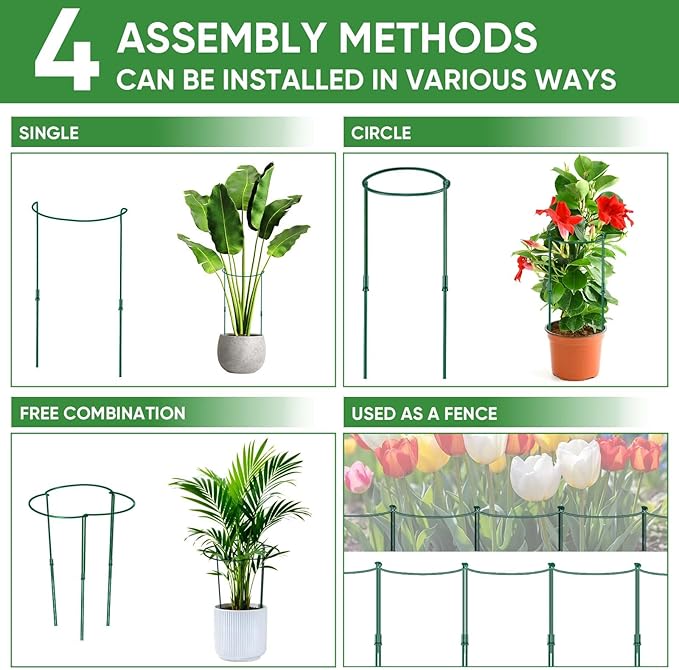 8 Pack 32 or 16 inch Adjustable Plant Support Stakes, Heavy-Duty Half Round Peony Support, Garden Plant Stakes Cage for Outdoor Plants, Peony, Tomato, Hydrangea, (16In Support +16In Extension Tubes) HiGift