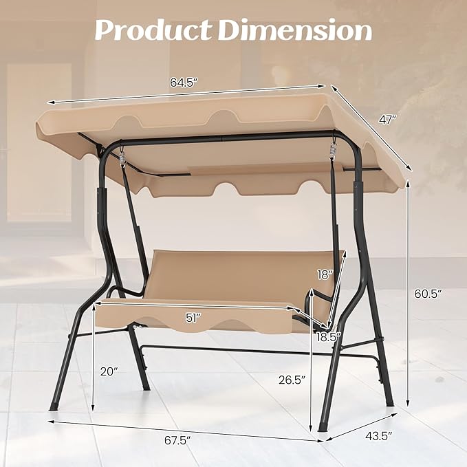 Tangkula 3 Person Porch Swing, Patio Swing with Removable Cushion & Powder-Coated Steel Frame, Outdoor Swing with Canopy for Porch, Backyard, Garden, Balcony (Beige) TANGKULA