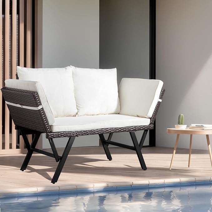 VINGLI Outdoor Loveseat, Woven Rattan Outdoor Sofa with Adjustable Armrests, Patio Loveseat with Removable Cushions and Pillows, Convertible Patio Couch for Yard Pool Balcony VINGLI
