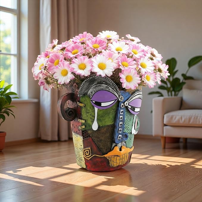 Picasso Abstract Face Flower Pot,Unique Resin Crafted Planter with Drainage Holes,Interesting Colorful Planter with Human face,for Indoor and Outdoor Botanical Home décor (Tears) Rootora